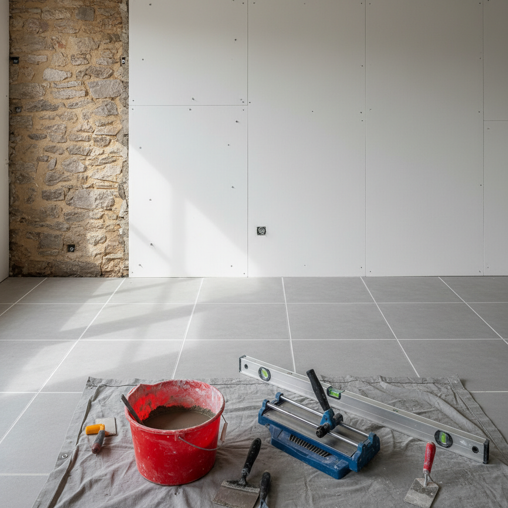 Interior photorealistic scene of a home renovation featuring masonry, tiling, and insulation work in progress. One wall shows exposed stone partially covered with clean new insulation panels, another displays freshly laid ceramic floor tiles aligned perfectly with crisp grout lines. Buckets, a tile cutter, and a level are neatly arranged on a dust-free tarp. Soft natural light enters from an unseen window on the left, creating gentle shadows that accentuate surfaces and textures. Captured at a slightly elevated angle with sharp focus throughout, the image feels orderly, technical, and professional, ideal for showcasing multi-skill renovation expertise.