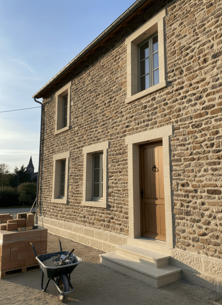 Photorealistic wide-angle view of a freshly renovated stone house façade in Saint-Girons, showcasing precise masonry work. The façade combines traditional river stone and clean light-beige jointing, with a smooth new entrance step and a straight, even base course. Around the house, neatly stacked pallets of bricks and tools subtly suggest ongoing craftsmanship without showing people. Soft late-afternoon natural light enhances the texture of the stone and casts gentle, realistic shadows under window sills. The composition is eye-level and balanced, with sharp detail across the entire image, creating a professional, trustworthy atmosphere suitable for a local masonry contractor’s homepage hero image.