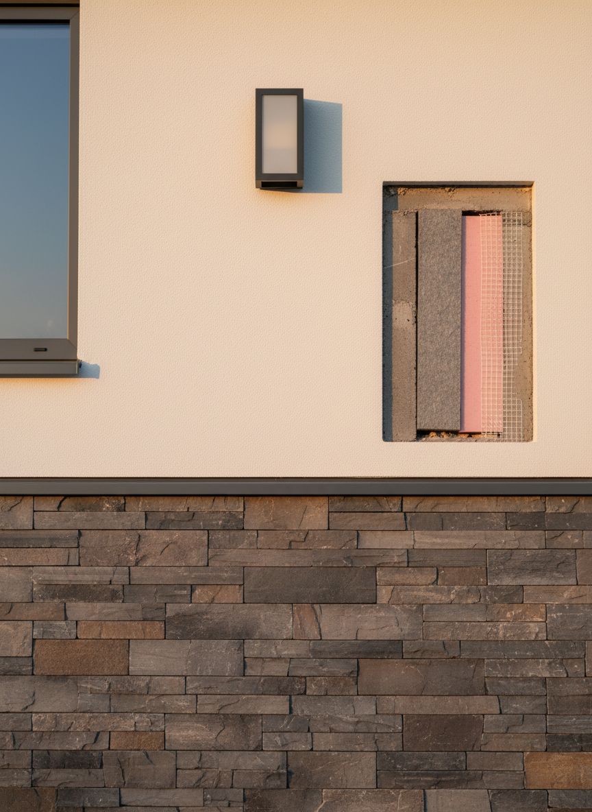 Photorealistic close view of an exterior wall combining masonry and façade renovation: the lower half in neatly jointed natural stone, the upper half with smooth, freshly painted render in a warm off-white. A corner section reveals layered insulation beneath the render, clearly visible where a small area is left open as a demonstration panel. A clean, modern outdoor light fixture and a new window sill subtly complete the renovated look. Soft early-evening light creates a warm, inviting glow and delicate shadows in the stone joints. Framed straight-on with balanced composition, the mood is reassuring, modern, and highly professional.
