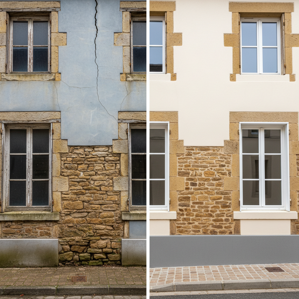 Photographic before-and-after composition of a house renovation in Saint-Girons, split vertically down the center. On the left, an outdated, cracked façade with uneven stonework, worn render, and faded paint. On the right, the same façade fully renovated: smooth new rendering, clean masonry details, refreshed window surrounds, and neatly finished base. Both sides share identical perspective and framing from street level to highlight the transformation. Natural, slightly diffused daylight ensures consistent lighting across both halves. The mood is confident and reassuring, visually demonstrating the impact of expert masonry renovation without using any text or people.