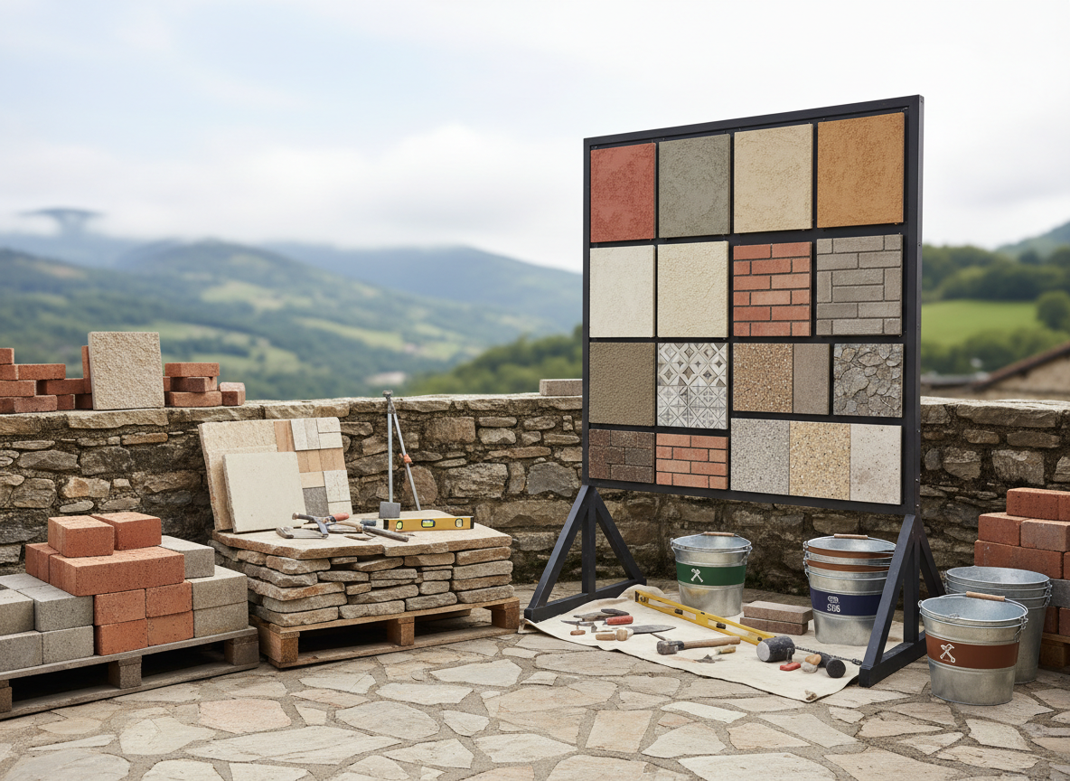 Clean, photorealistic image of an organized masonry contractor’s outdoor workspace in Saint-Girons, designed to discreetly suggest contact and service information without text. A sturdy portable display board stands near a low stone sample wall, showing color swatches of render, masonry patterns, tiling samples, and façade finishes. Around it, neatly arranged tools, stacked bricks, and labelled buckets convey professionalism and readiness. The setting is a small courtyard with distant Pyrenean foothills softly blurred in the background. Bright but diffused daylight illuminates the scene evenly, with an eye-level composition that feels open, accessible, and ideal for a “contact” or “services overview” page.