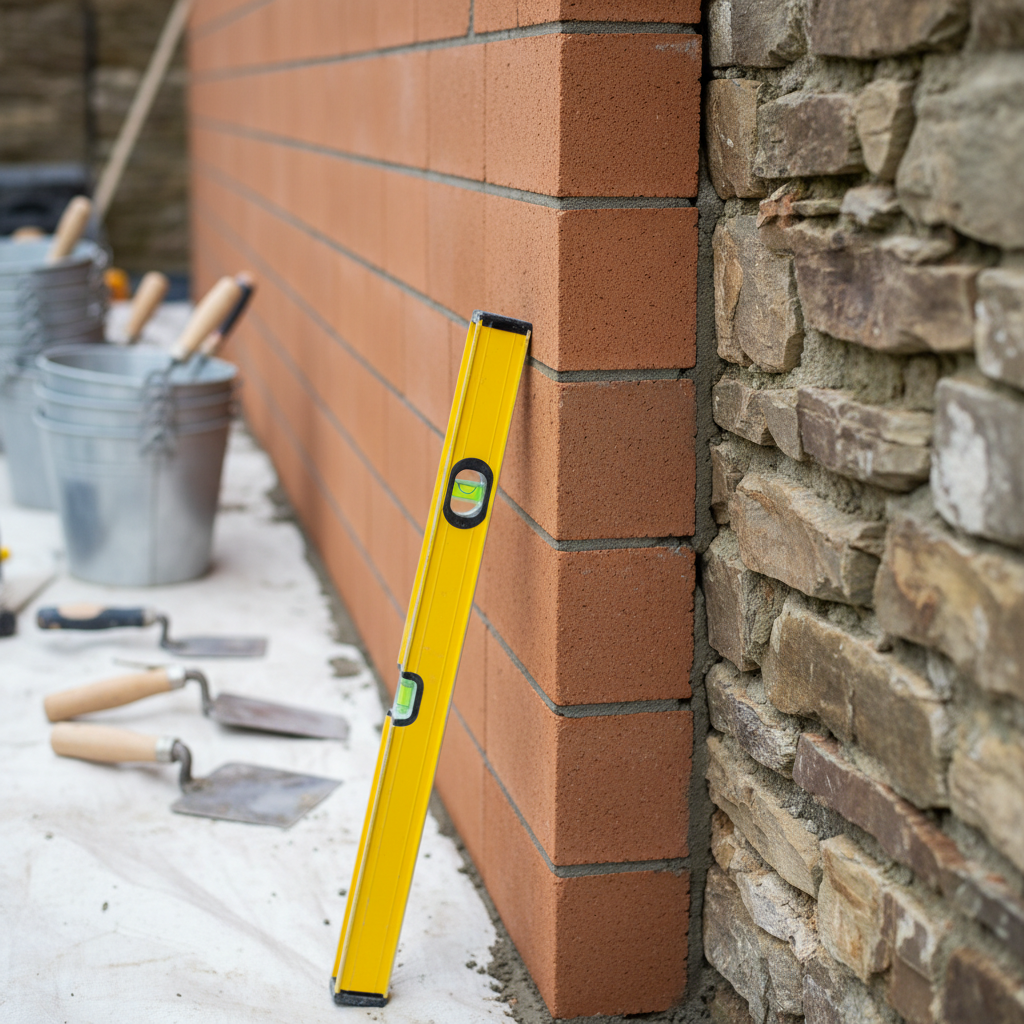 Close-up, photorealistic shot of a masonry wall under renovation, showing a perfectly aligned row of new terracotta blocks meeting an older, weathered stone structure. The focus is on the crisp, fresh mortar joints and the precise vertical and horizontal alignment, with a spirit level resting against the wall. In the blurred background, buckets, trowels, and a clean construction tarp suggest an organized job site. Soft overcast daylight provides even lighting, emphasizing surface textures without harsh shadows. Shot at eye level with a shallow depth of field, the mood is meticulous and professional, ideal to illustrate quality masonry techniques.